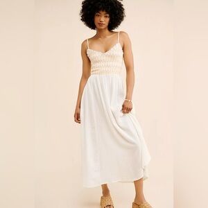 Free People White Midi Dress with Cream Smocked Bodice